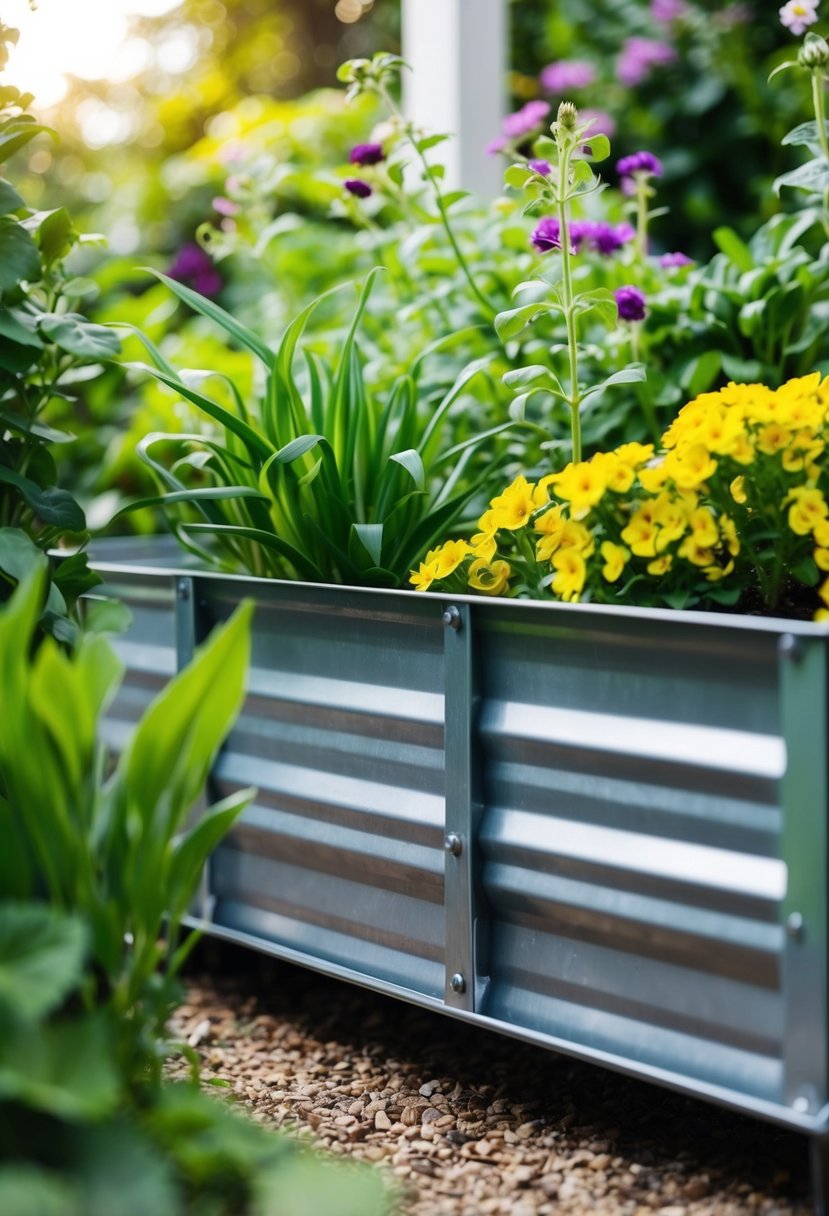 A metal raised garden bed surrounded by lush green plants and flowers