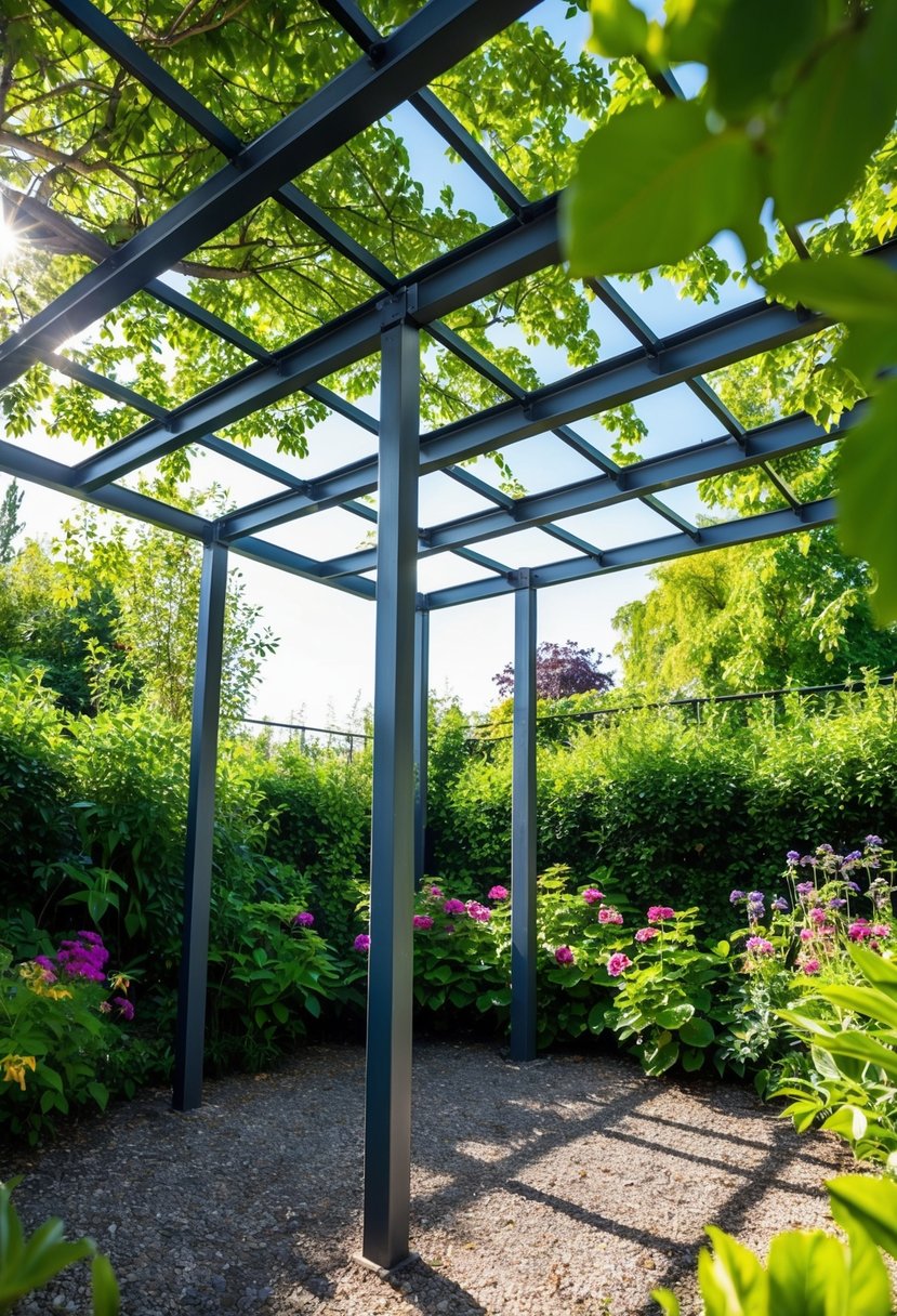 An industrial chic pergola stands in a garden, surrounded by lush greenery and vibrant flowers. Sunlight filters through the metal beams, casting intricate shadows on the ground
