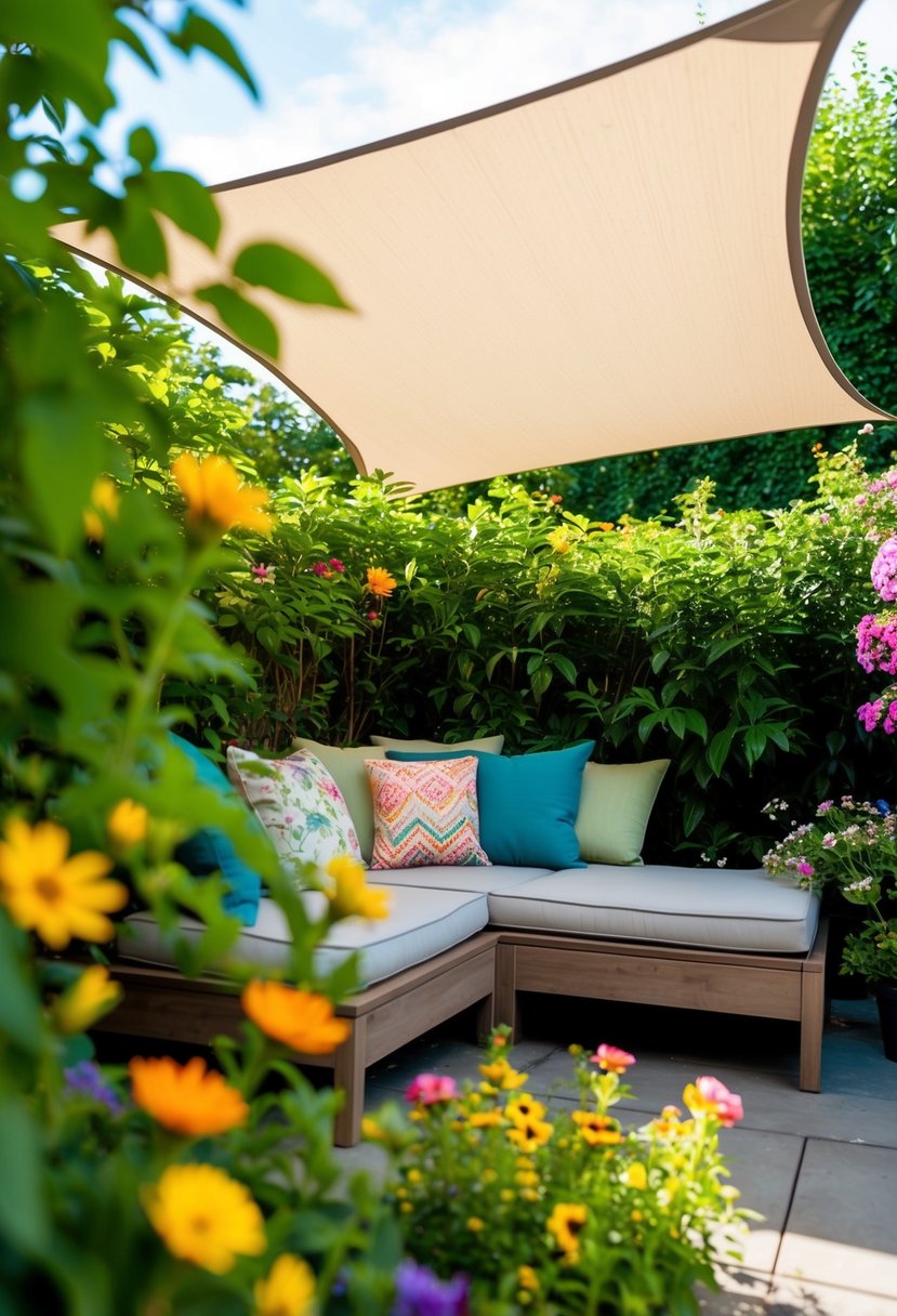 A serene garden nook with a shade sail, surrounded by lush greenery and colorful flowers