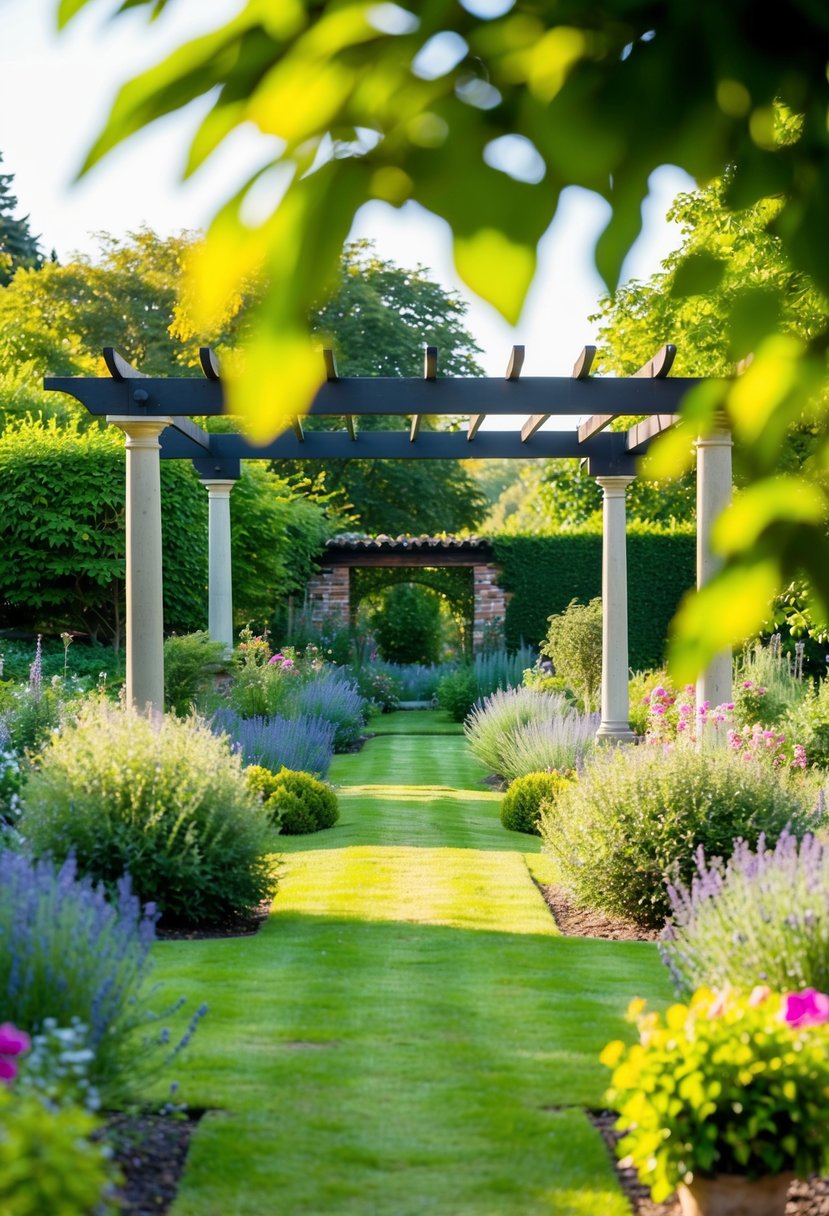 A serene countryside garden with a pergola surrounded by 43 vibrant and well-tended gardens