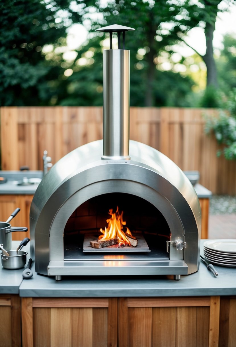 A stainless steel pizza oven sits in an outdoor kitchen, surrounded by countertops and cooking utensils. A fire burns inside the oven, ready to cook delicious pizzas