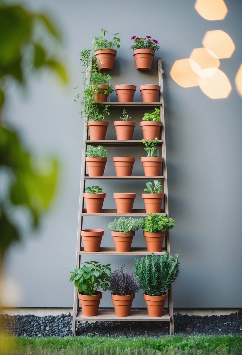 A ladder plant stand holds 22 herb pots against a garden wall