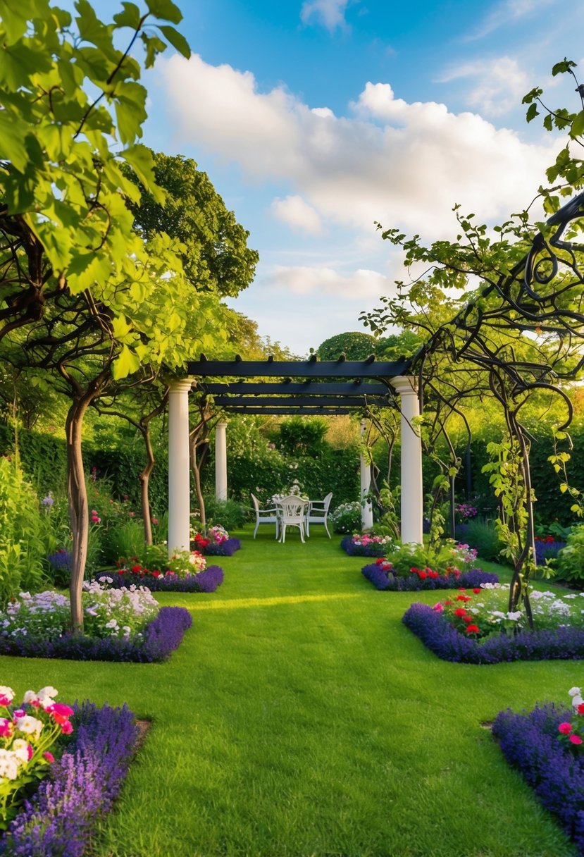 A lush garden with winding vines and a pergola surrounded by 43 vibrant flower-filled beds