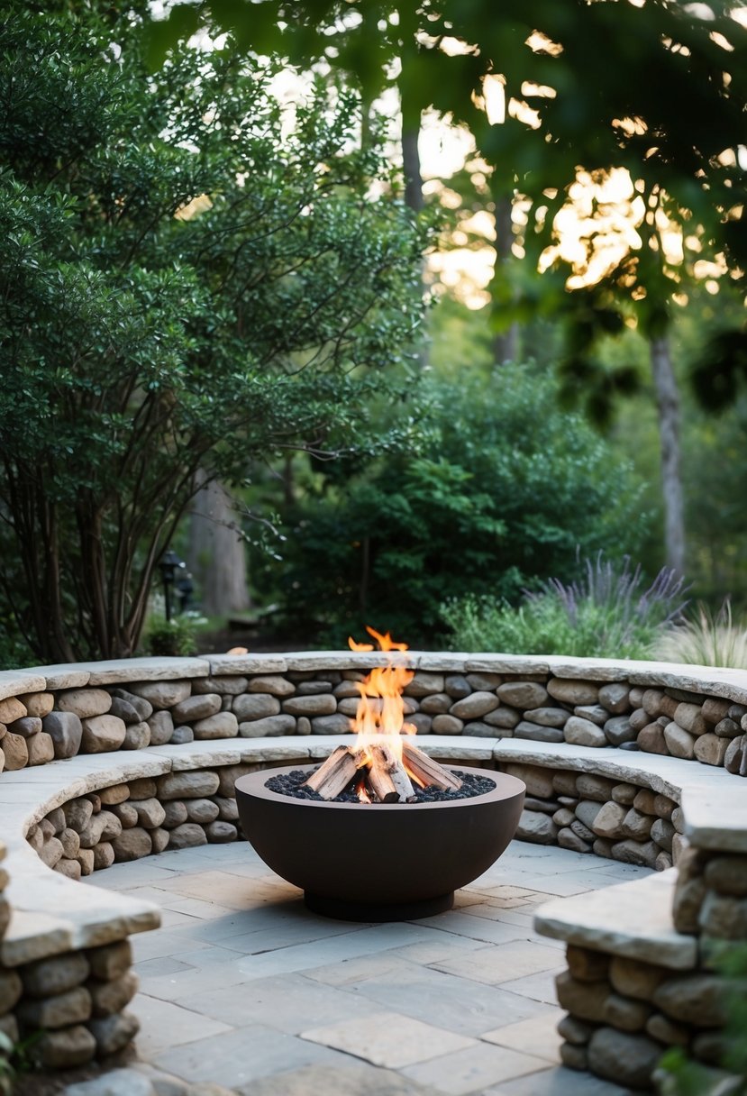 A U-shaped stone wall surrounds a rustic fire pit nestled in a natural outdoor setting
