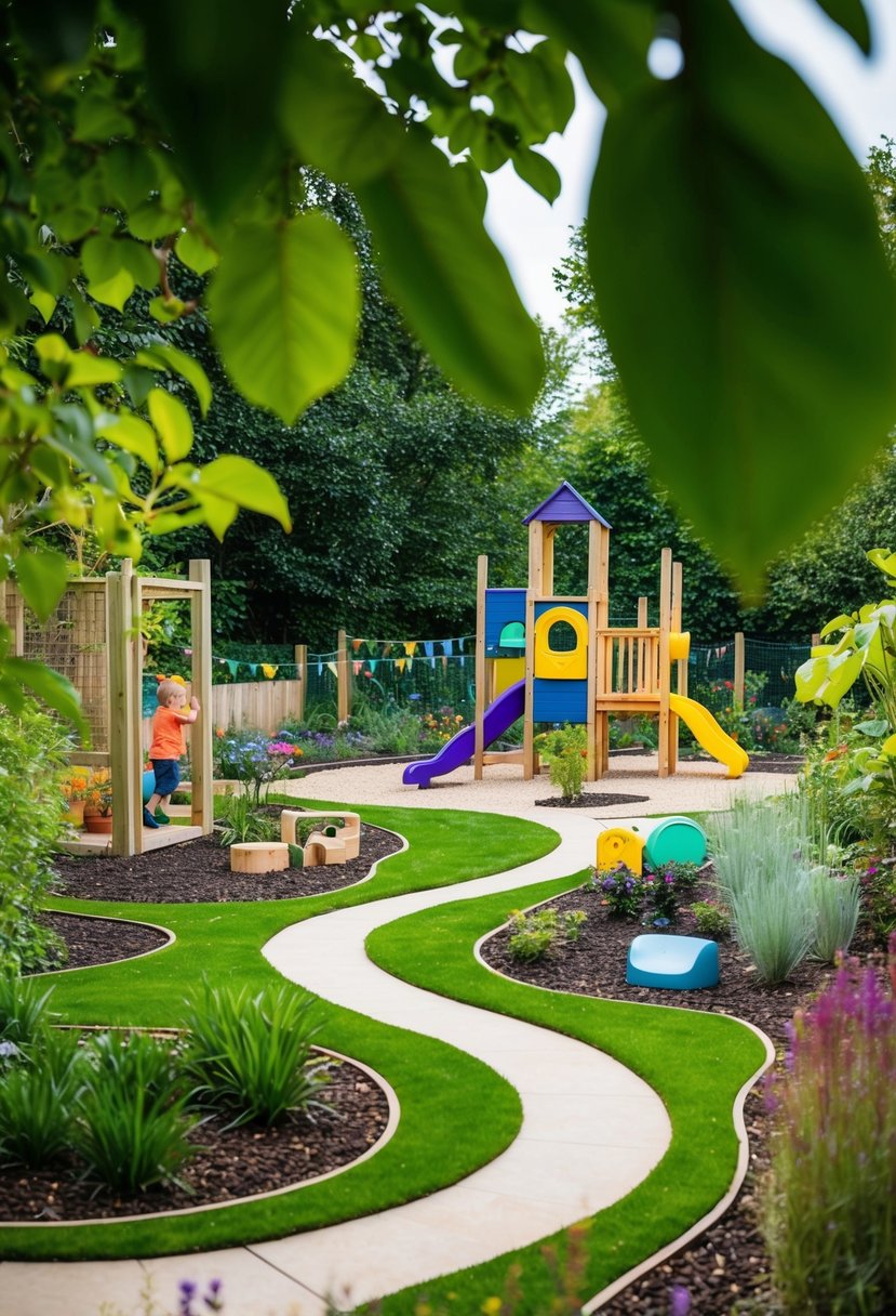 A vibrant garden with winding paths, a play area, and various discovery zones nestled within the Nature Nook