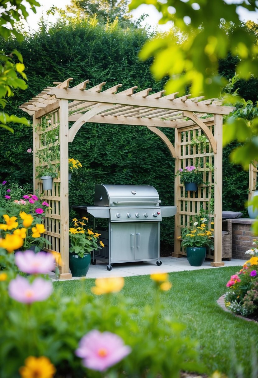 A garden trellis divides a cozy patio BBQ area, surrounded by lush greenery and colorful flowers