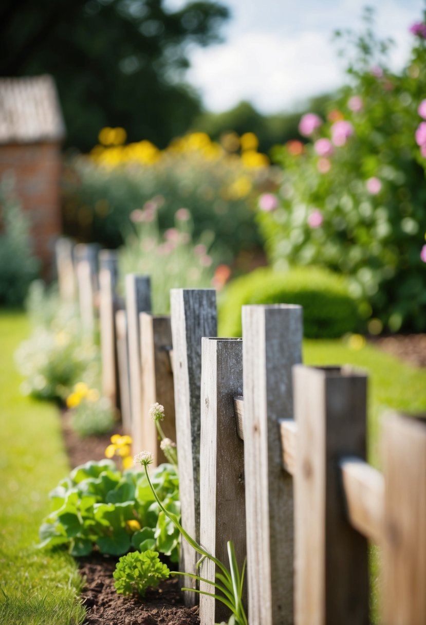 Weathered grain sleepers form garden borders in a rustic setting