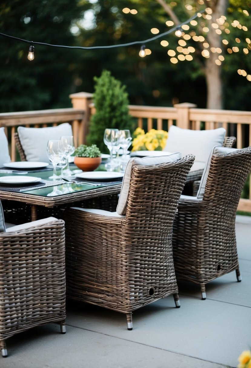 A wicker dining set arranged on a patio with 34 seating ideas