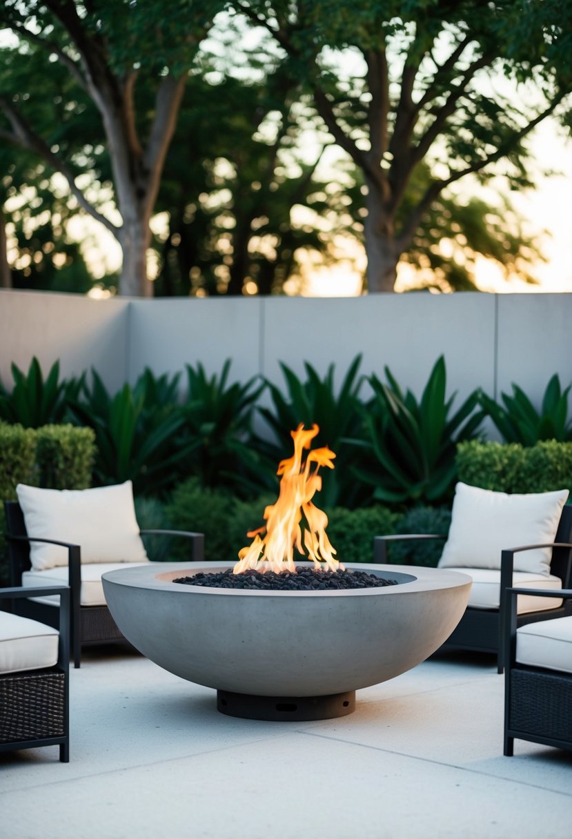 A sleek, minimalist concrete fire pit surrounded by contemporary outdoor furniture and lush greenery