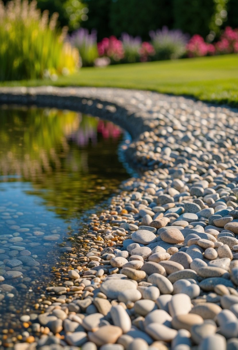A pebble beach edge with a garden pond and surrounding greenery