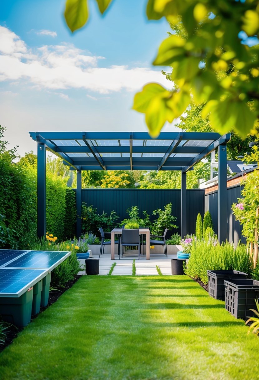 A lush garden with a modern pergola, surrounded by sustainable living elements like solar panels, rainwater collection, and compost bins