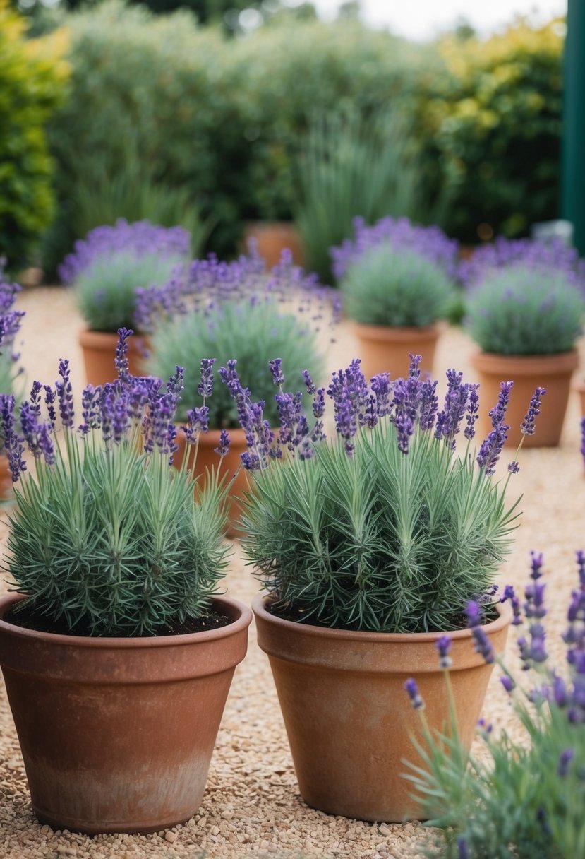 Lavender plants in rustic pots arranged in a garden