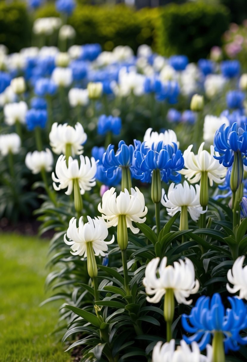 A lush garden filled with blooming Agapanthus 'Summer Skies' in various shades of blue and white, creating a serene and picturesque landscape