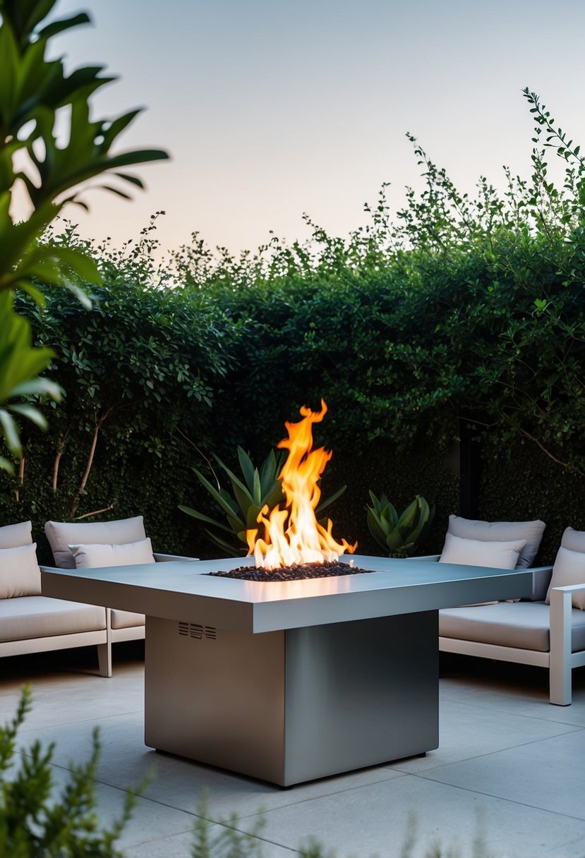 A sleek, eco-friendly fire table is the centerpiece of a modern outdoor kitchen, surrounded by minimalist furniture and lush greenery