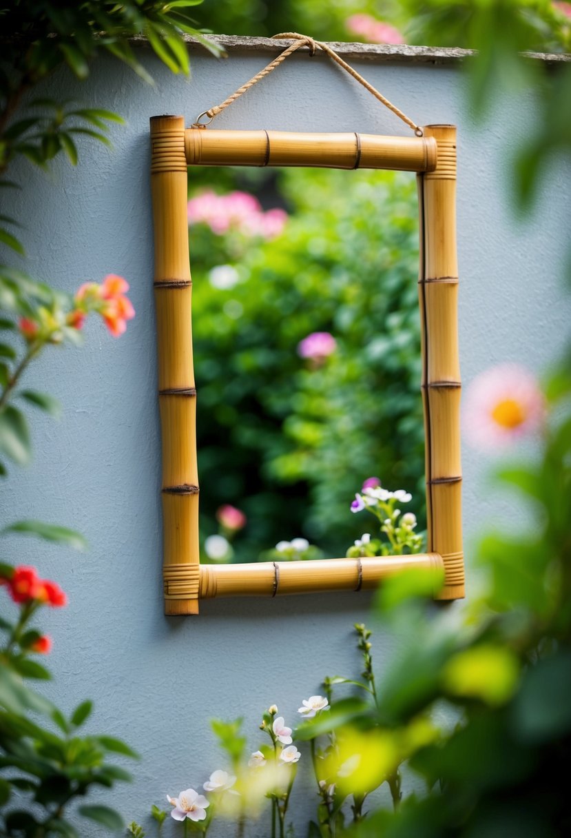 A bamboo frame mirror hanging on a garden wall, reflecting greenery and flowers