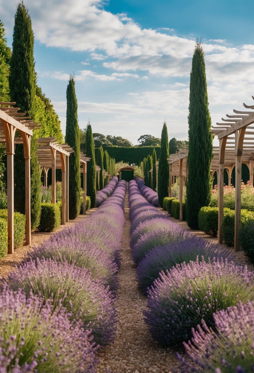 A winding path lined with lavender leads through a garden filled with 27 arbors