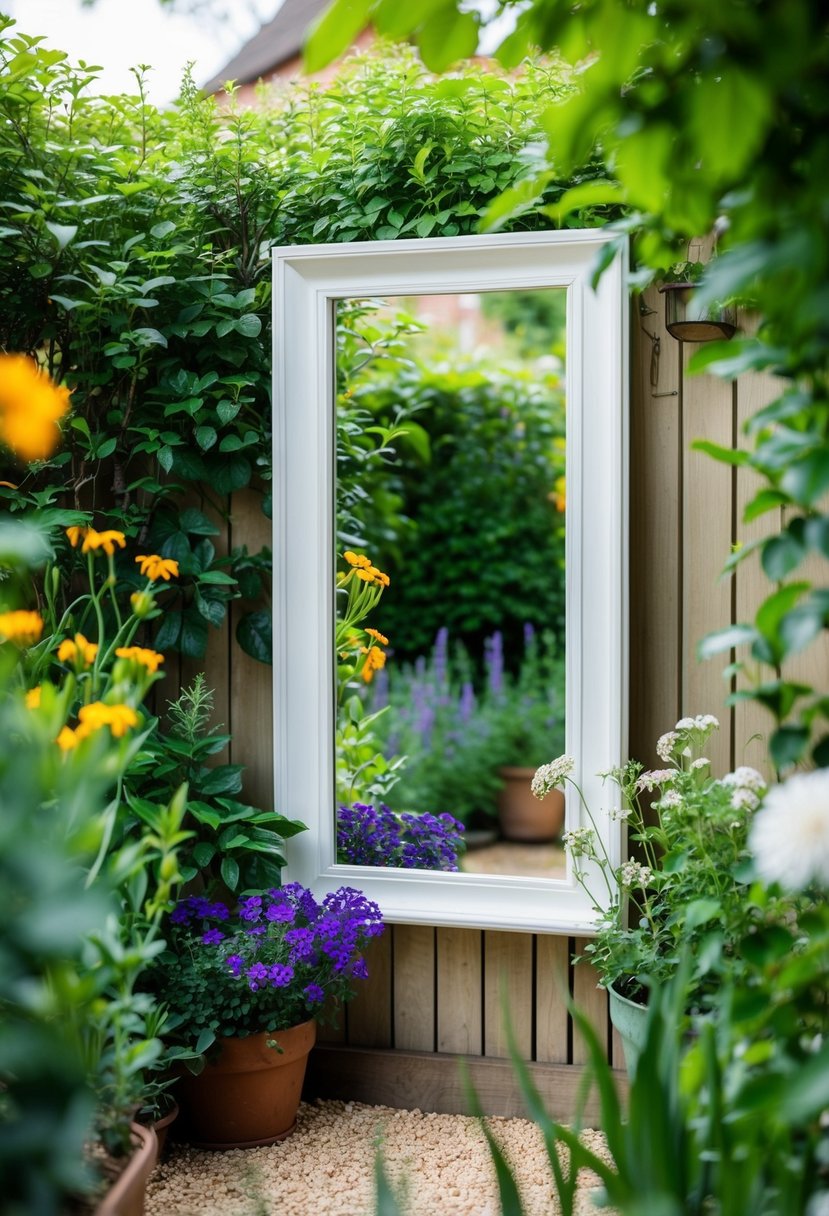 A garden with a mirror placed to create the illusion of a larger space, surrounded by greenery and flowers in a cozy nook