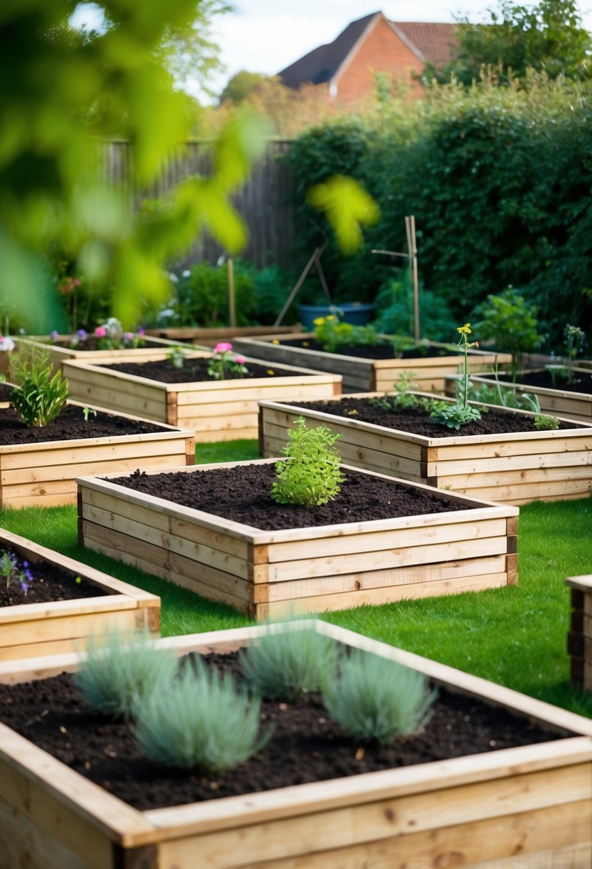 A garden with raised beds made of stacked wooden sleepers, bordered by 35 garden beds also made of sleepers