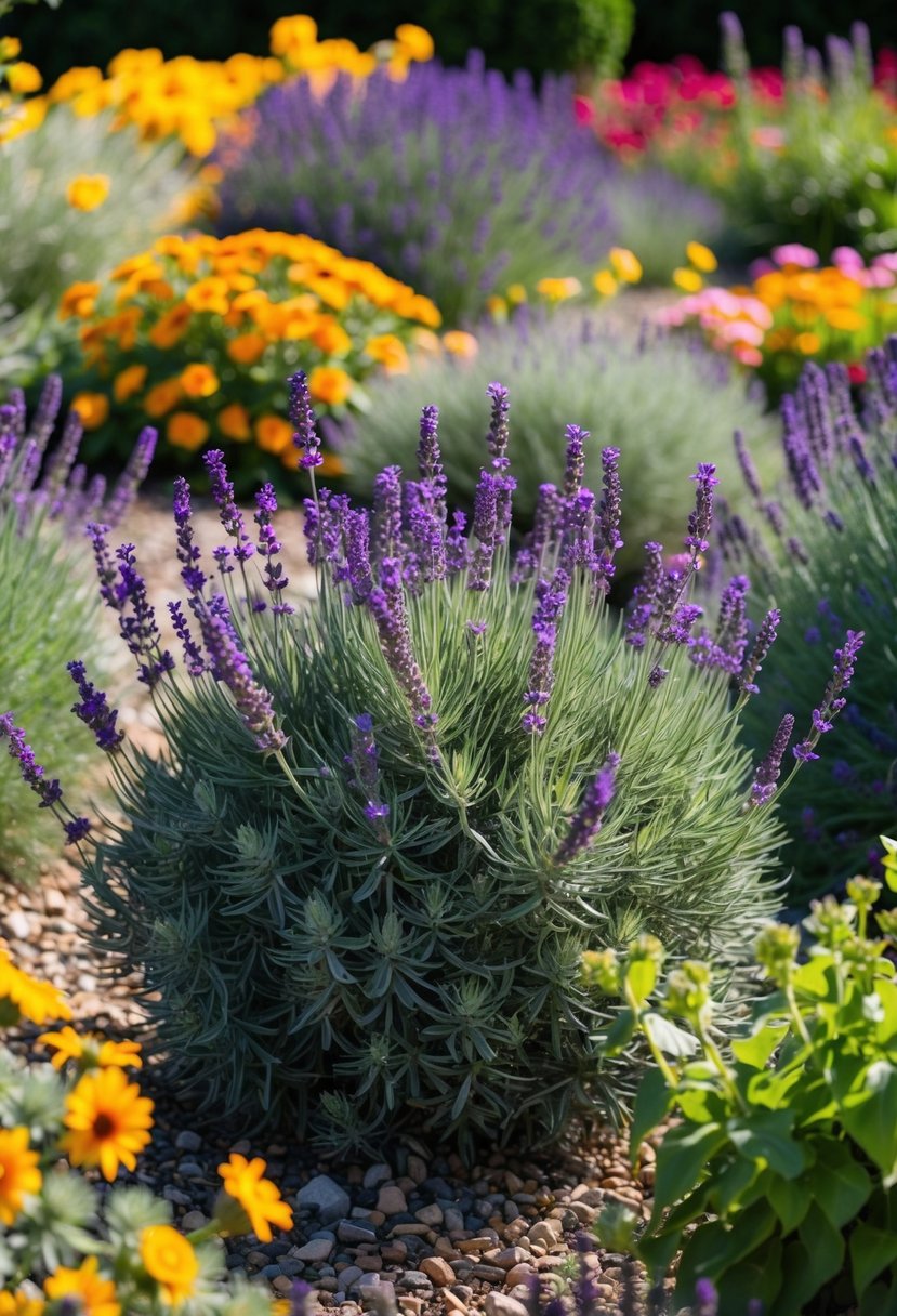 A vibrant garden filled with drought-tolerant lavender plants in full bloom, surrounded by a variety of other colorful flowers and greenery