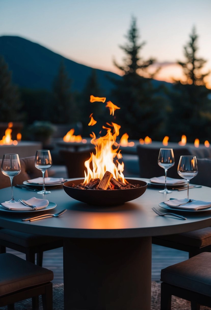 A cozy fireside dining table with a crackling fire pit in the center, surrounded by 48 small fire pit ideas