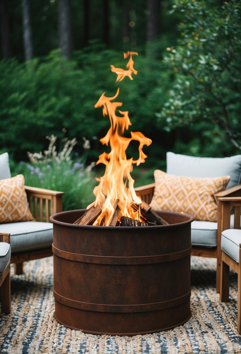 A rusty metal tub fire pit surrounded by rustic outdoor seating and surrounded by nature