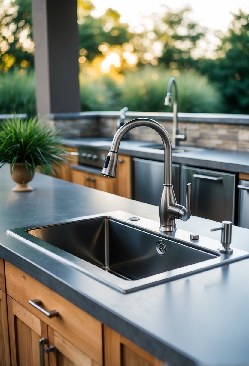 A stainless steel Thorkitchen Pro-Style bar sink is installed in an outdoor kitchen, surrounded by countertops, cabinets, and a faucet