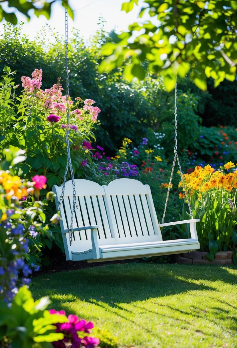 A swinging loveseat sits among a lush garden, surrounded by colorful flowers and greenery. The sun shines down, casting dappled shadows on the inviting seat