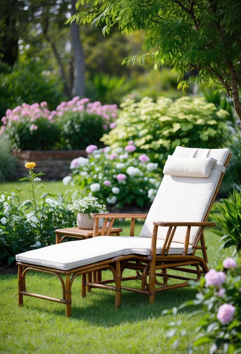 A serene garden setting with a bamboo recliner surrounded by lush greenery and blooming flowers, creating a peaceful and inviting outdoor seating area