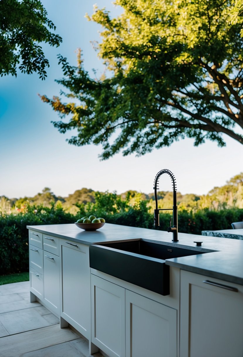 A spacious outdoor kitchen with a sleek, modern sink cabinet, set against a backdrop of lush greenery and a clear blue sky