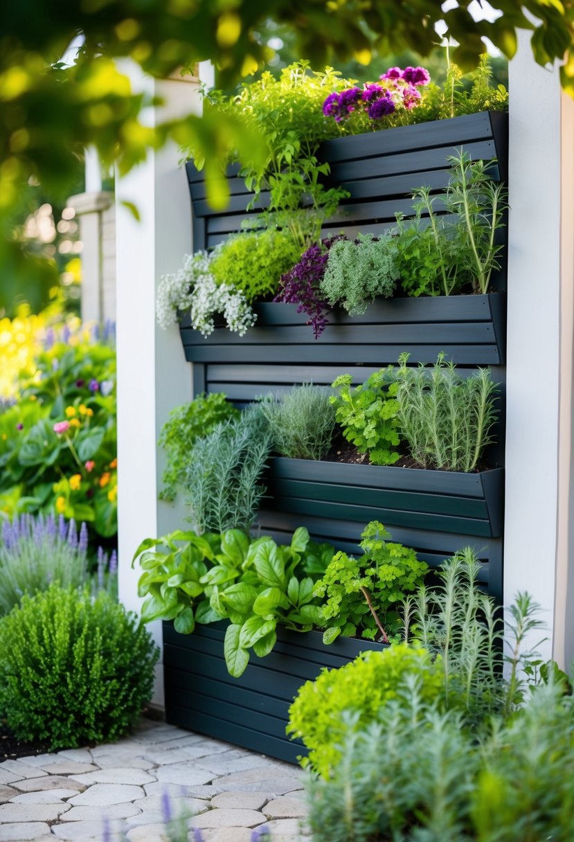 A lush herb planter wall adorns the entrance to a garden, filled with vibrant greenery and fragrant plants