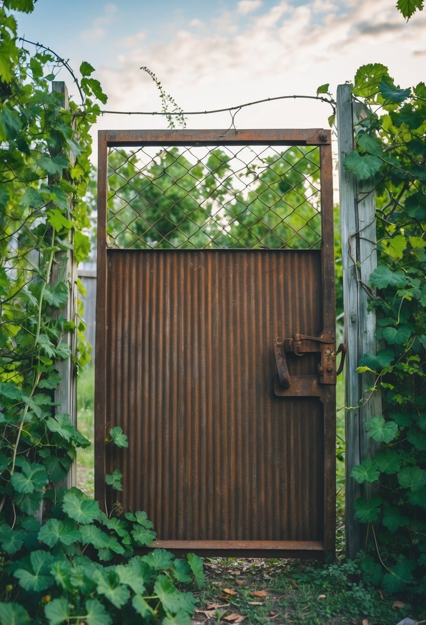 A rusted corrugated metal gate stands between overgrown vines in a neglected garden