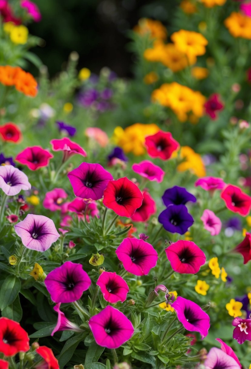 A vibrant garden of wild petunias and other colorful wildflowers