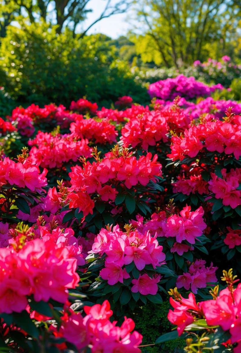 A lush garden filled with vibrant 'Hino Crimson' azaleas in full bloom, creating a sea of red and pink flowers under the dappled sunlight