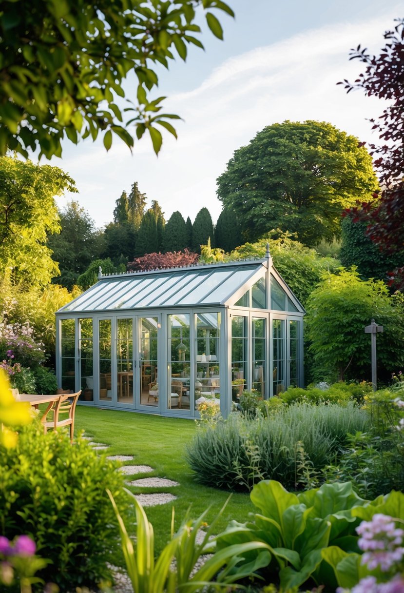 A lush garden with a glass studio and a summer house nestled among 37 gardens