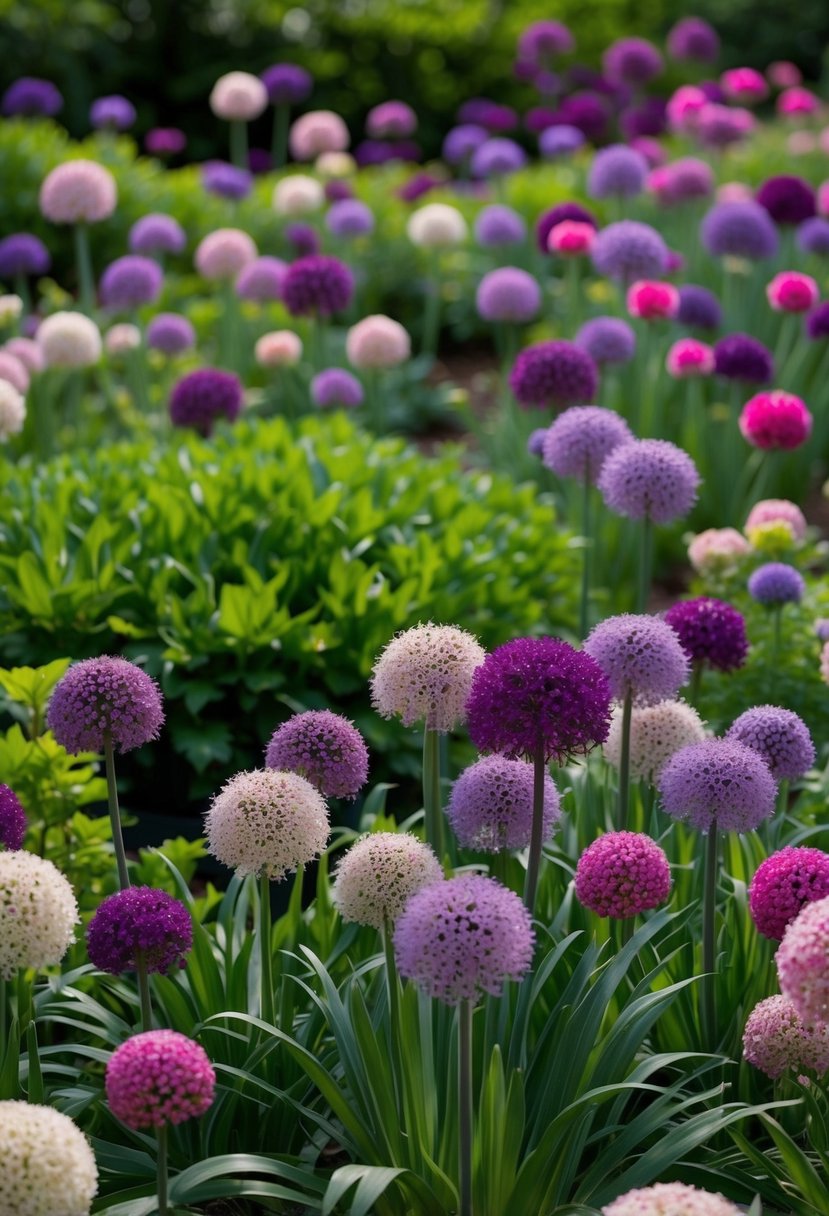 A garden filled with Allium Sphaerocephalon flowers in various shades of purple and pink, surrounded by lush green foliage