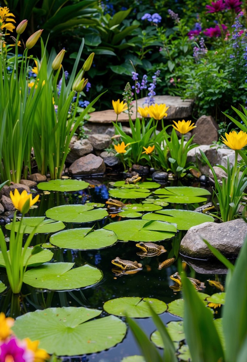 A lush garden pond with lily pads, reeds, and rocks, surrounded by vibrant flowers and teeming with frogs of various colors and sizes