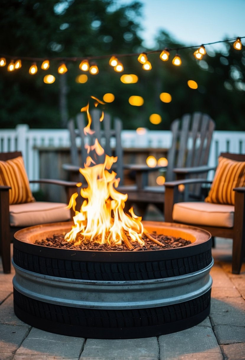 A repurposed truck wheel transformed into a rustic fire pit, surrounded by outdoor seating and illuminated by the warm glow of the flames