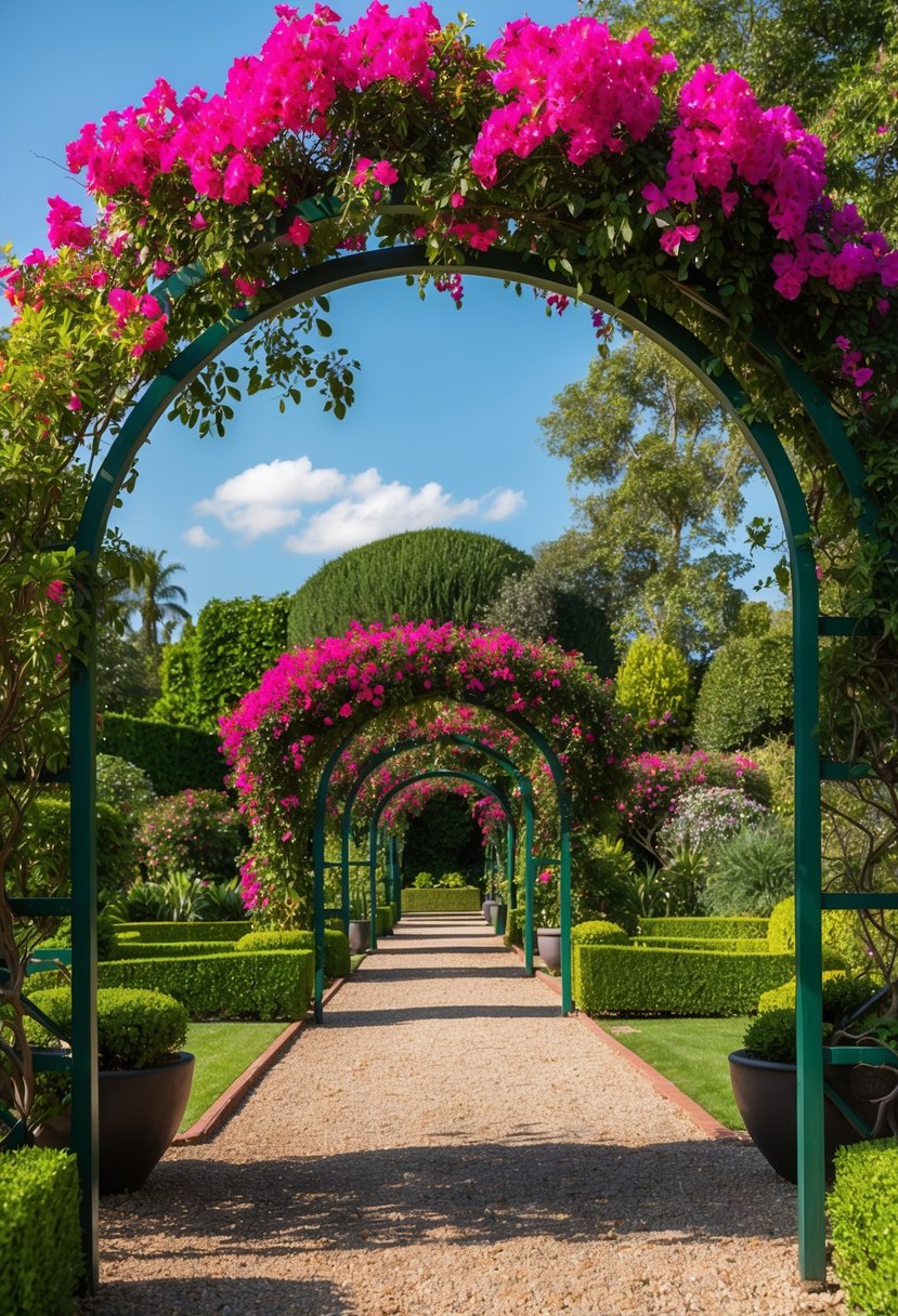 A lush garden with a vibrant bougainvillea archway leading to 27 gardens adorned with arbors