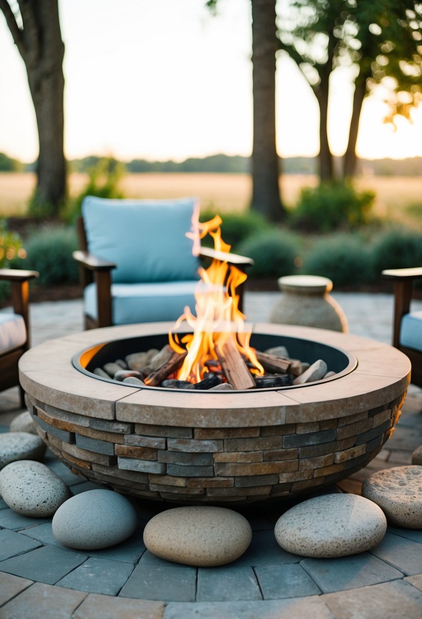 A circular fire pit surrounded by rustic stones, set in the center of a serene outdoor space