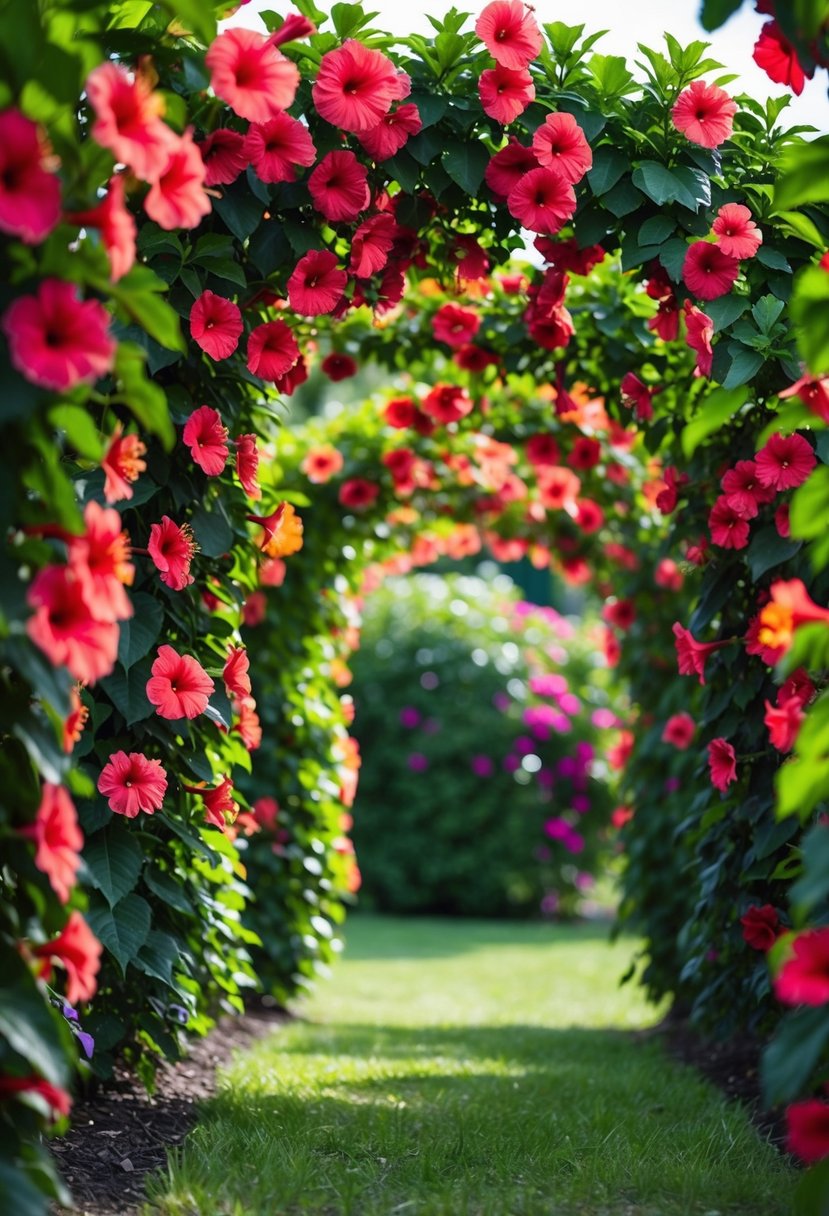 A tunnel of hibiscus flowers forms arches in a garden
