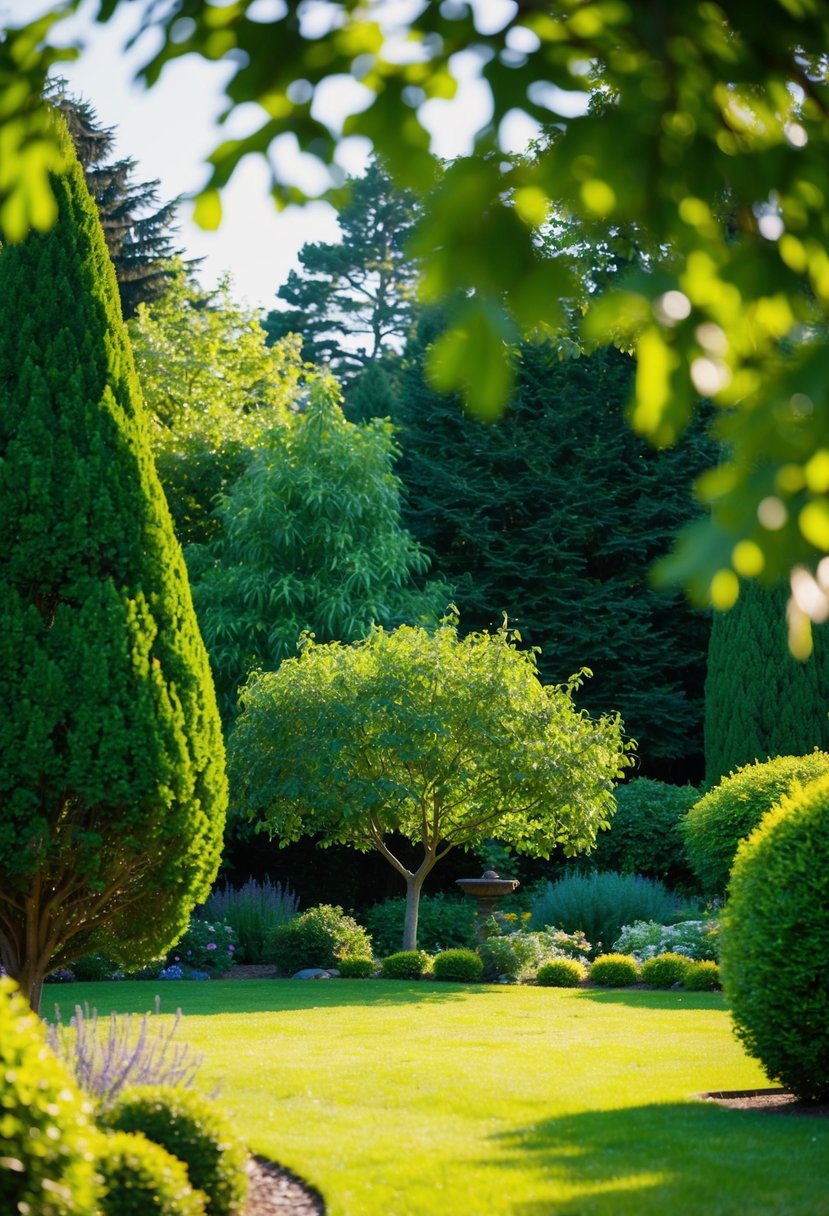 A peaceful garden with a variety of trees, including hemlock, creating a lush and tranquil environment
