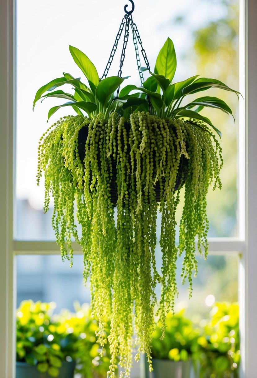 A lush, cascading hanging basket filled with vibrant green string of pearls plants, suspended from a hook against a backdrop of a sunny window