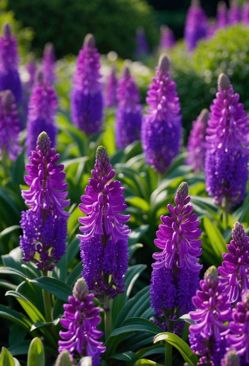 A lush garden filled with vibrant 'Liam's Lilac' Agapanthus in full bloom, creating a stunning display of purple and green