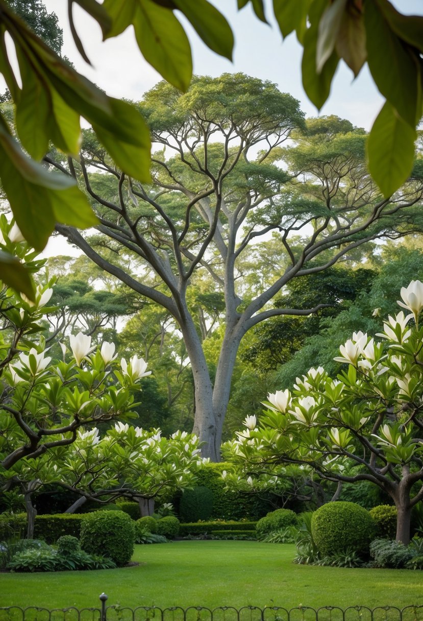 A serene garden filled with towering magnolia trees and lush greenery, creating a peaceful and natural atmosphere