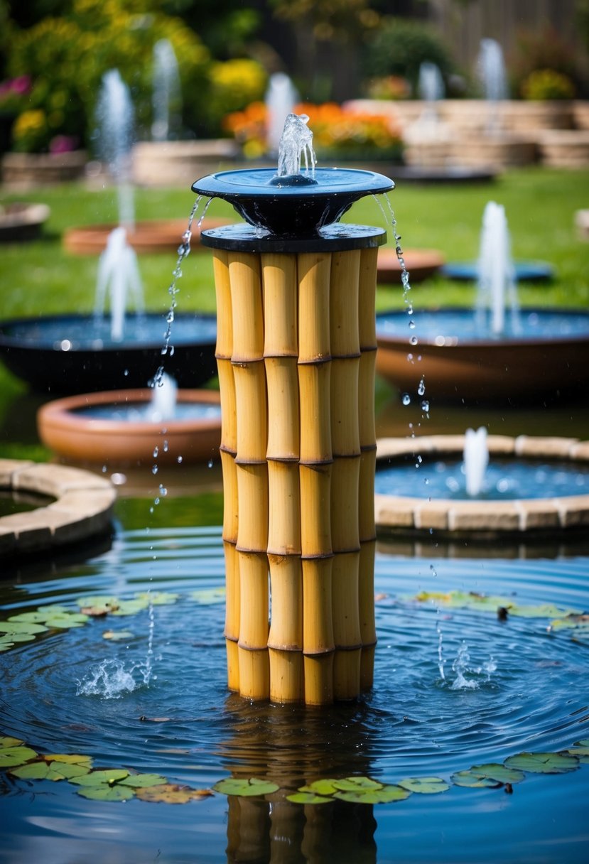 A bamboo solar fountain surrounded by 32 garden ponds with various fountains