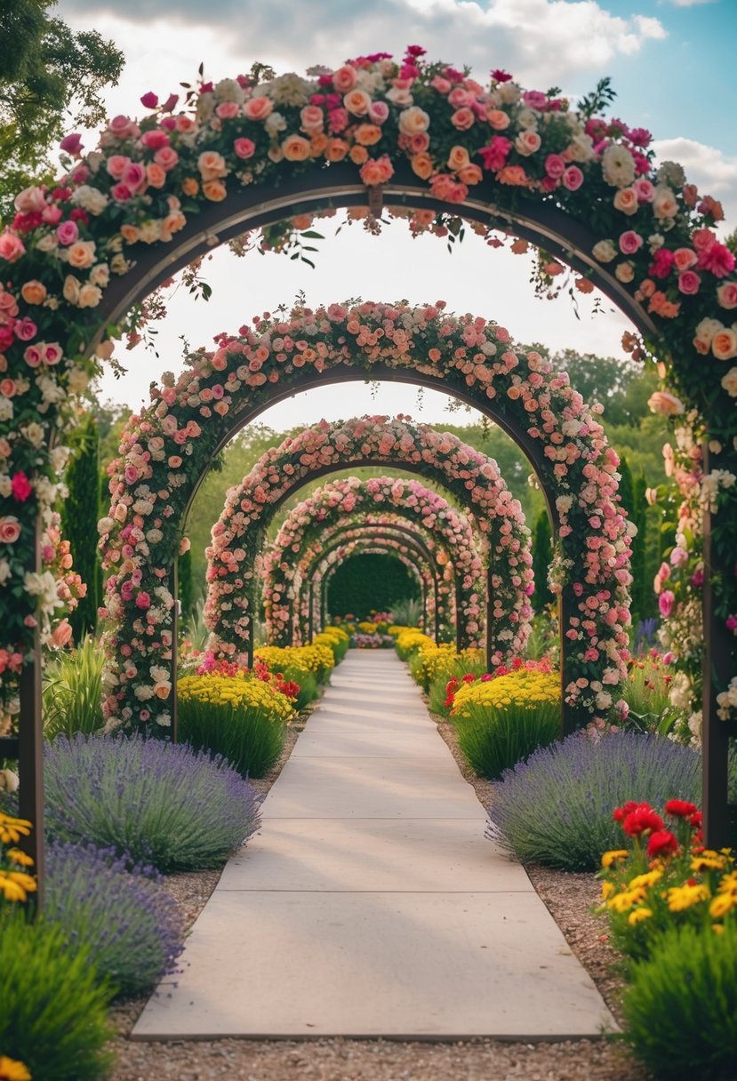 A whimsical floral tunnel with 27 gardens and arbors
