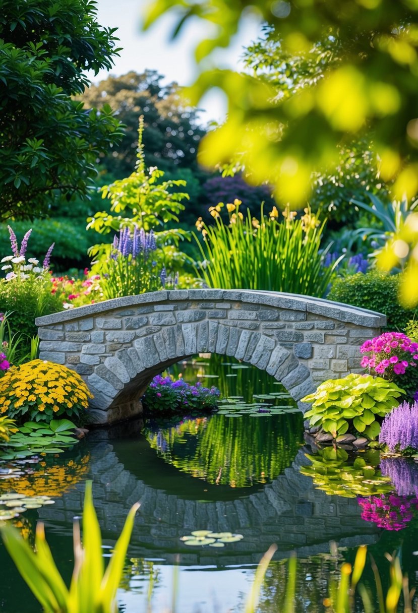A stone bridge spans a tranquil garden pond, surrounded by lush greenery and colorful flowers