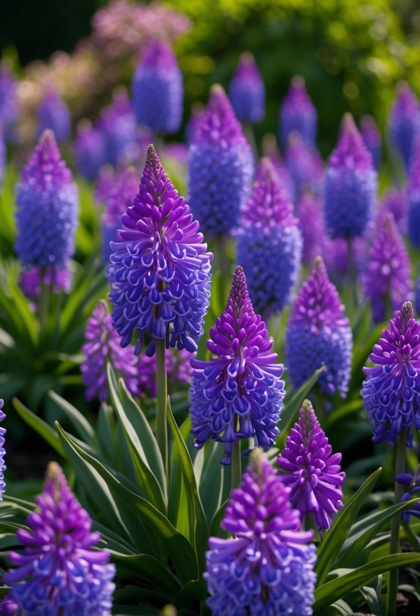 A lush garden filled with vibrant Agapanthus 'Star Gazer' in full bloom, creating a stunning display of purple and blue hues