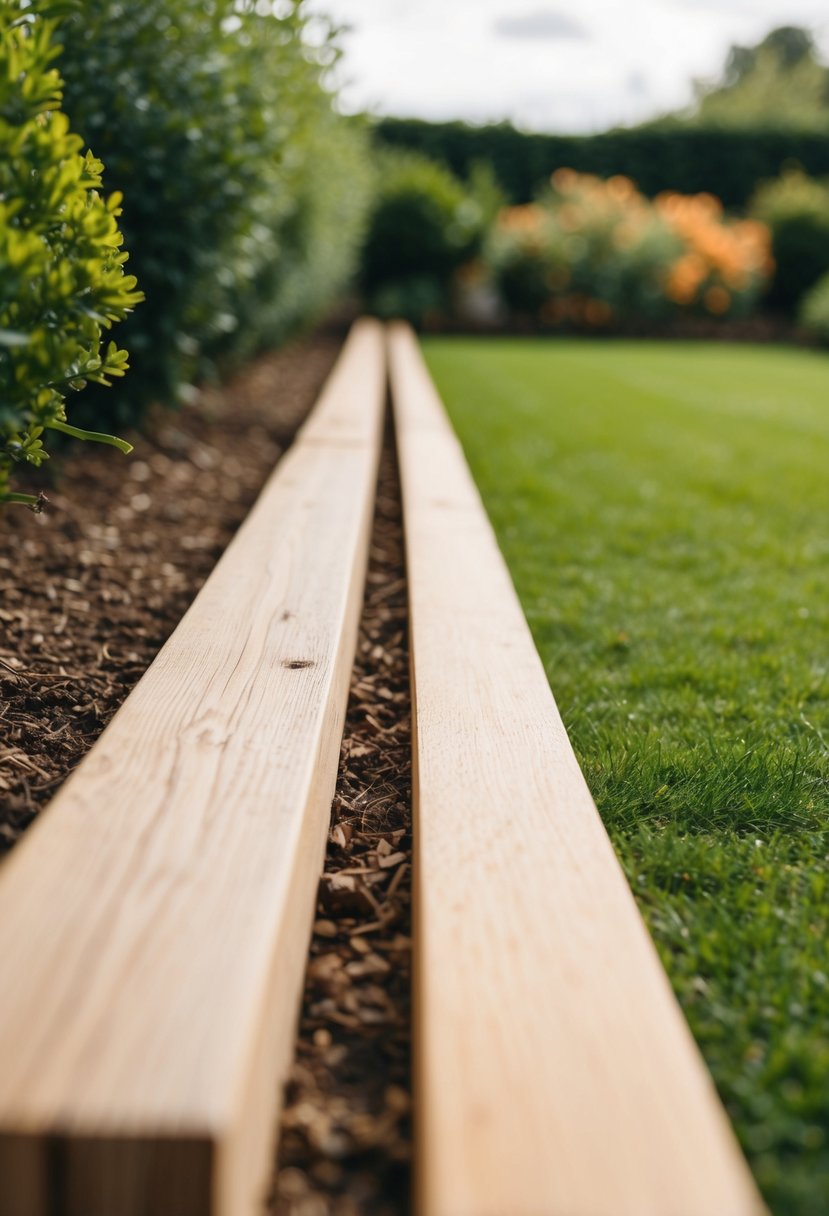 A row of oak sleepers forming garden borders