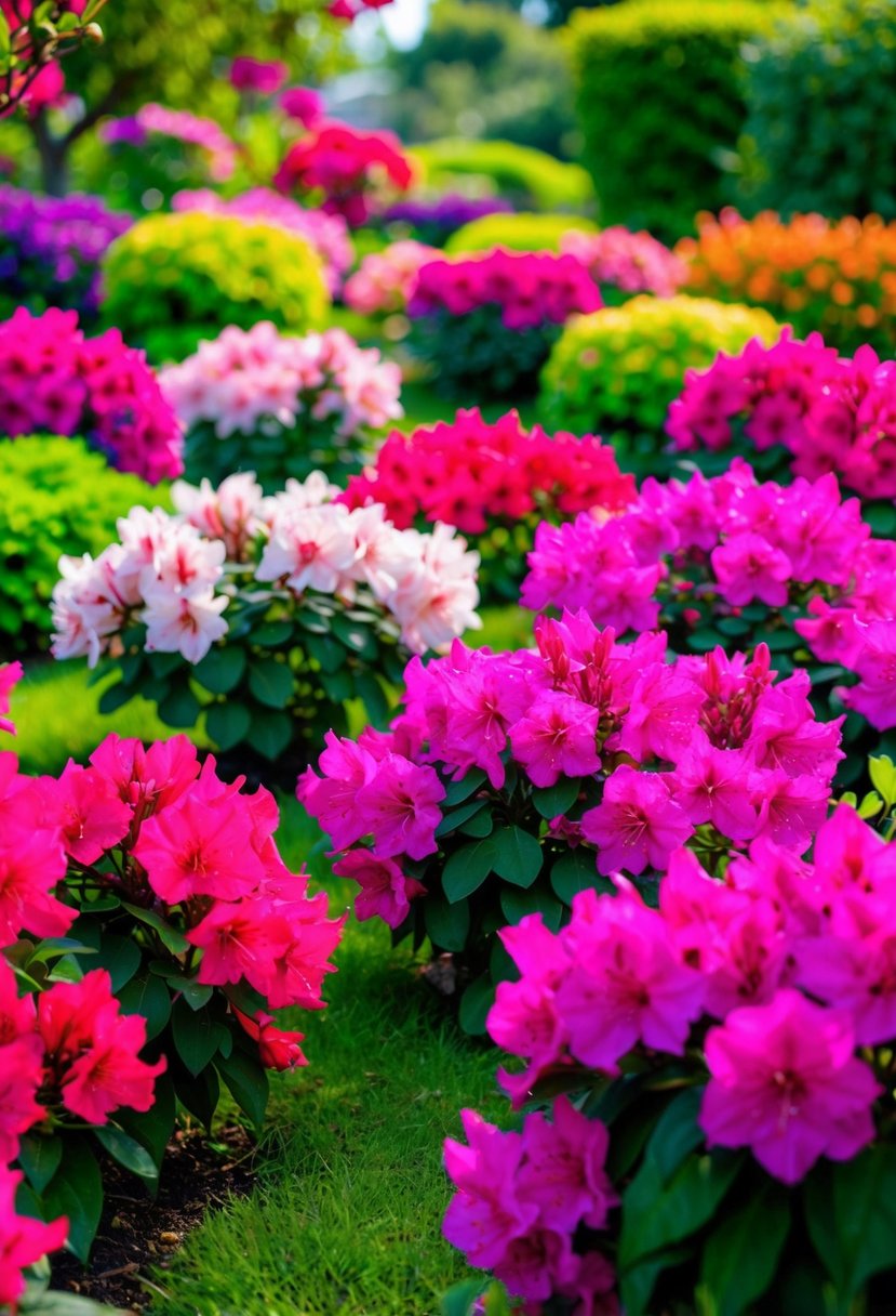 A lush garden filled with vibrant azaleas in various colors, creating a stunning display of natural beauty